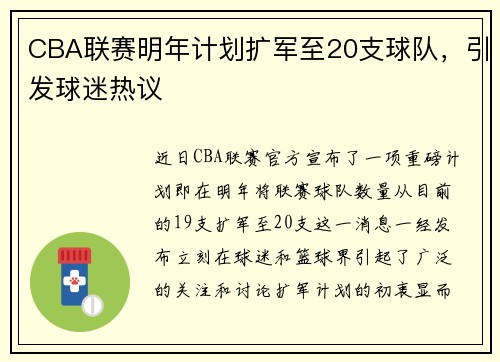 CBA联赛明年计划扩军至20支球队，引发球迷热议